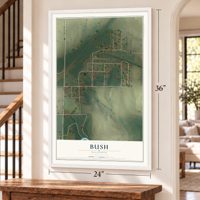 Bush, Illinois map, 24 x 36 inch print in a white frame by a staircase