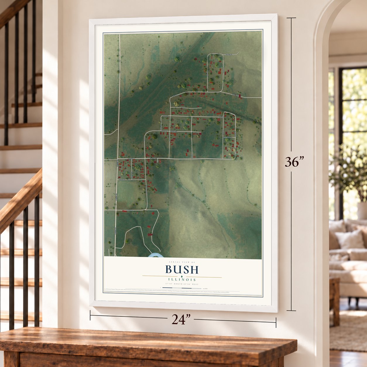 Bush, Illinois map, 24 x 36 inch print in a white frame by a staircase