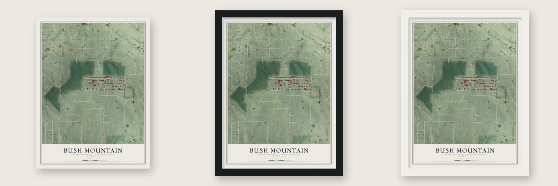 Bush Mountain, Georgia map unframed, in a black wood frame and in a white wood frame