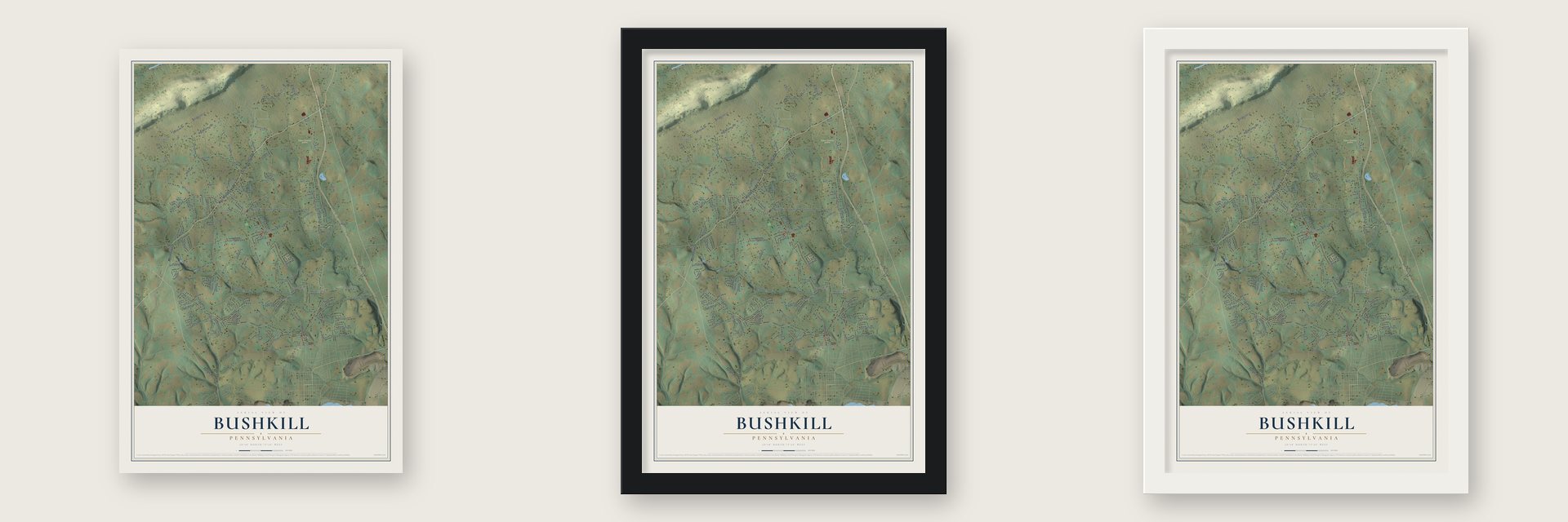 Bushkill, Pennsylvania map unframed, in a black wood frame and in a white wood frame