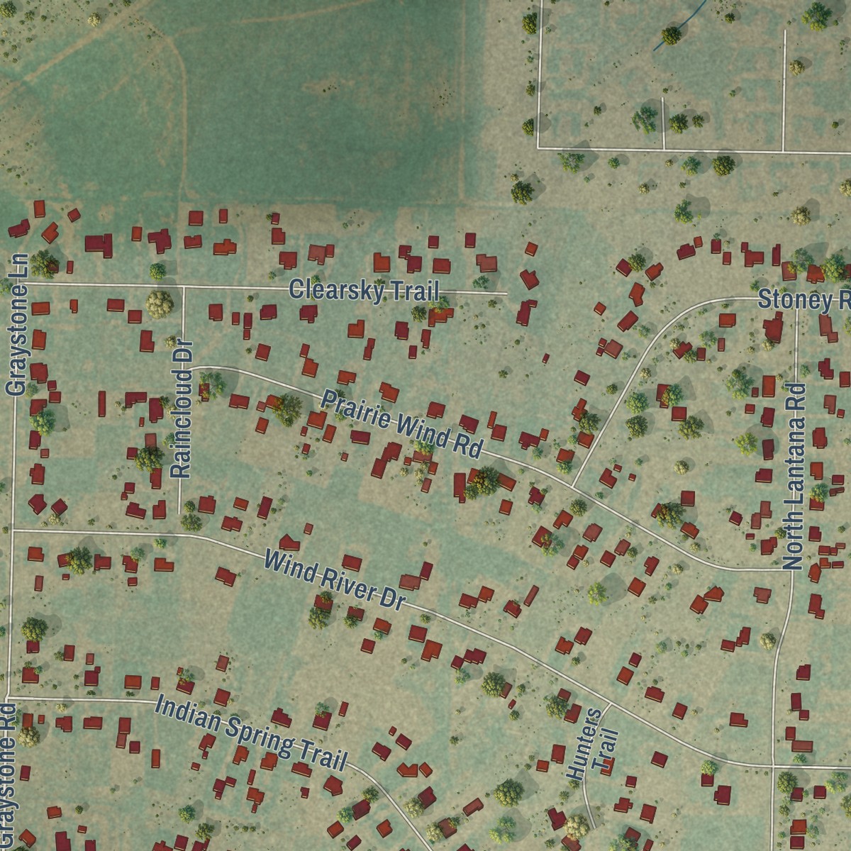 Second close-up of the map of Bushland, Texas print showing more streets and buildings