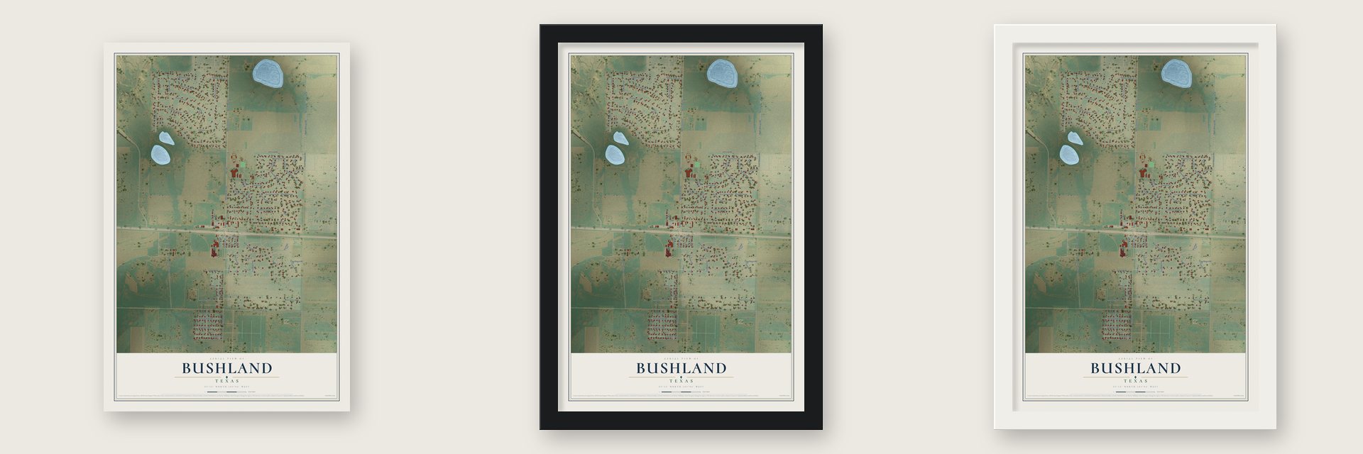 Bushland, Texas map unframed, in a black wood frame and in a white wood frame