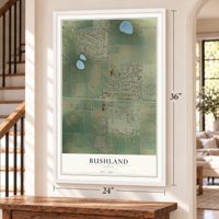 Bushland, Texas map, 24 x 36 inch print in a white frame by a staircase