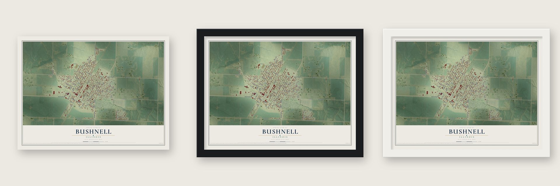 Bushnell, Illinois map unframed, in a black wood frame and in a white wood frame
