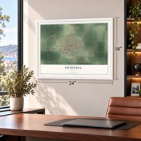 Bushnell, Illinois map, 18 x 24 inch print in a white frame in a home office