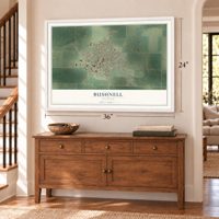 Bushnell, Illinois map, 24 x 36 inch print in a white frame above a dresser by a staircase