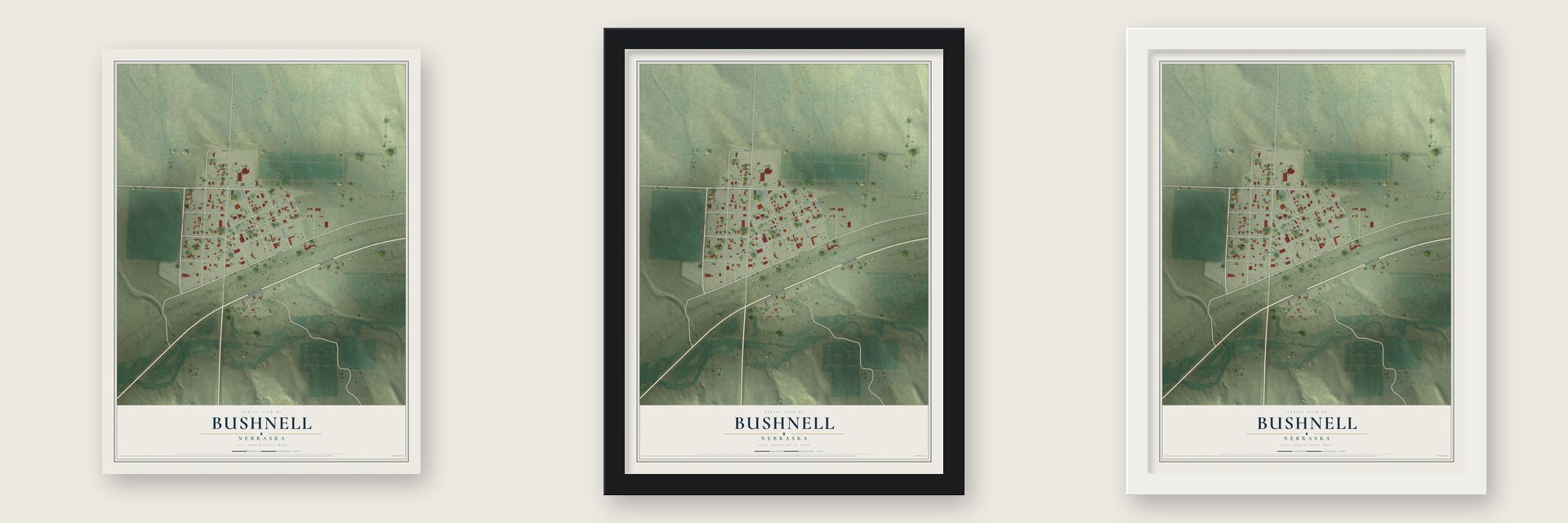Bushnell, Nebraska map unframed, in a black wood frame and in a white wood frame