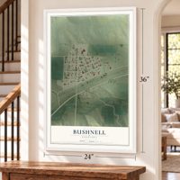 Bushnell, Nebraska map, 24 x 36 inch print in a white frame by a staircase