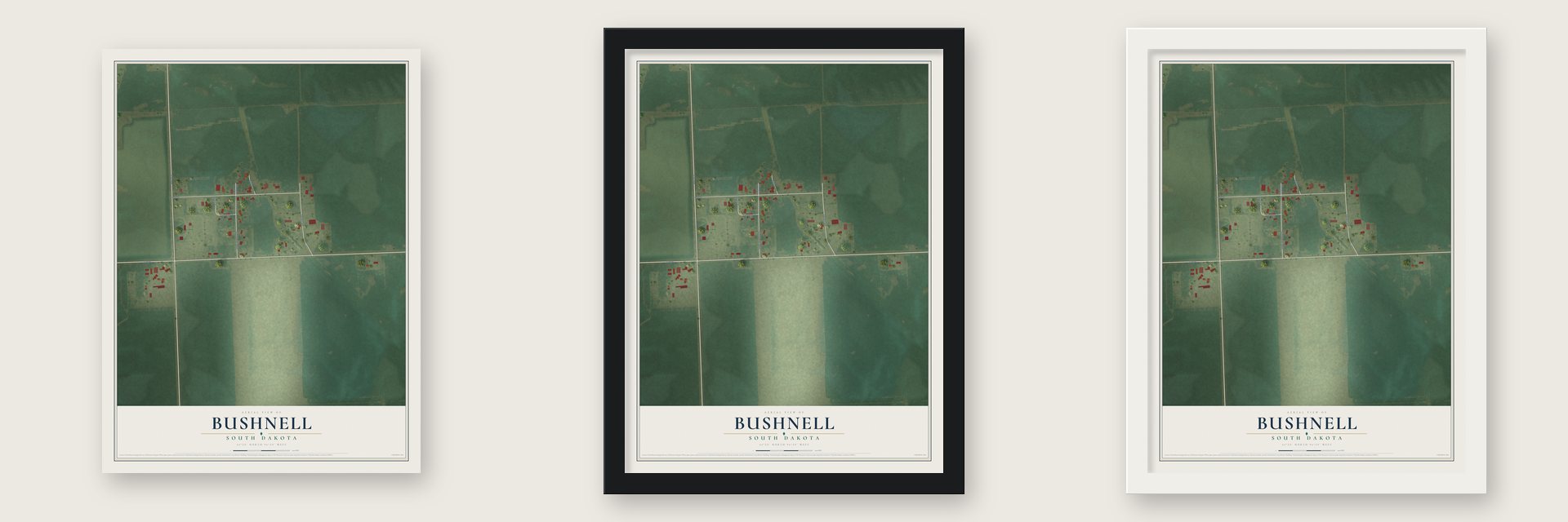 Bushnell, South Dakota map unframed, in a black wood frame and in a white wood frame