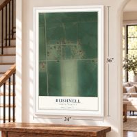 Bushnell, South Dakota map, 24 x 36 inch print in a white frame by a staircase