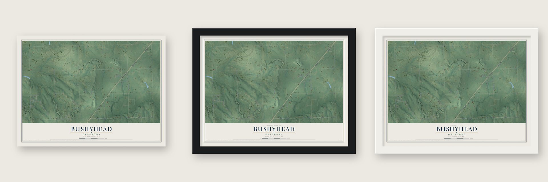 Bushyhead, Oklahoma map unframed, in a black wood frame and in a white wood frame