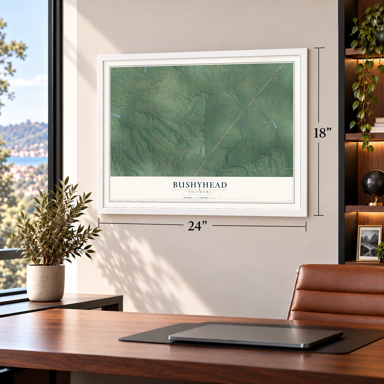 Bushyhead, Oklahoma map, 18 x 24 inch print in a white frame in a home office