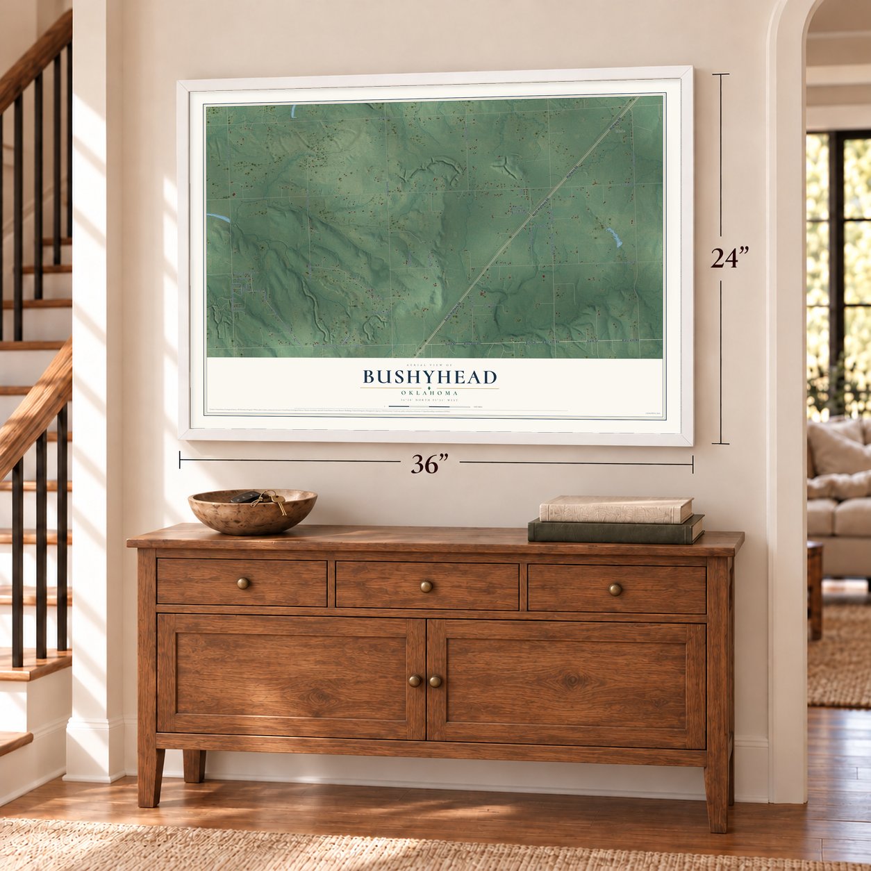 Bushyhead, Oklahoma map, 24 x 36 inch print in a white frame above a dresser by a staircase