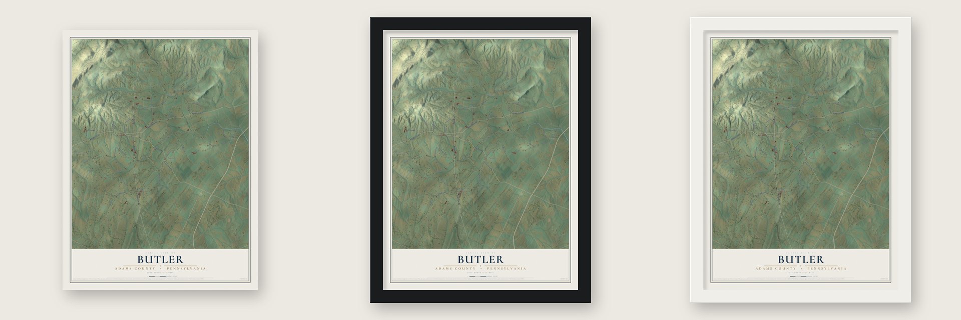 Butler, Adams County, Pennsylvania map unframed, in a black wood frame and in a white wood frame