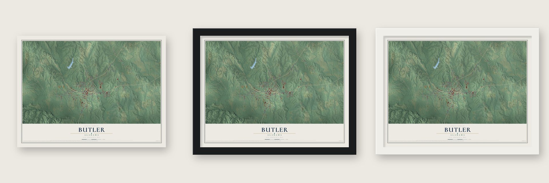 Butler, Alabama map unframed, in a black wood frame and in a white wood frame