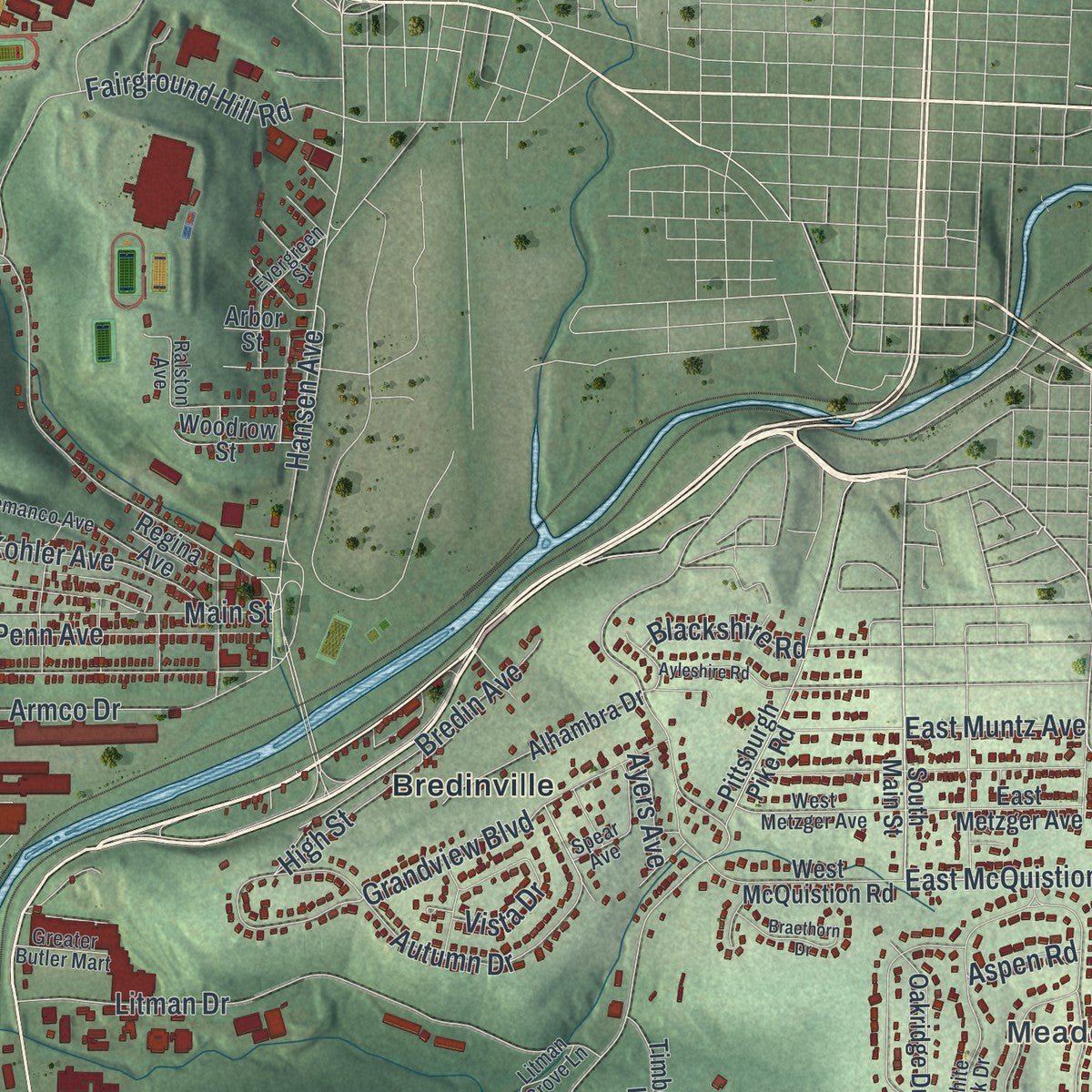 Second close-up of the map of Butler, Butler County, Pennsylvania print showing more streets and buildings
