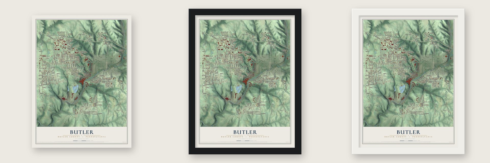 Butler, Butler County, Pennsylvania map unframed, in a black wood frame and in a white wood frame