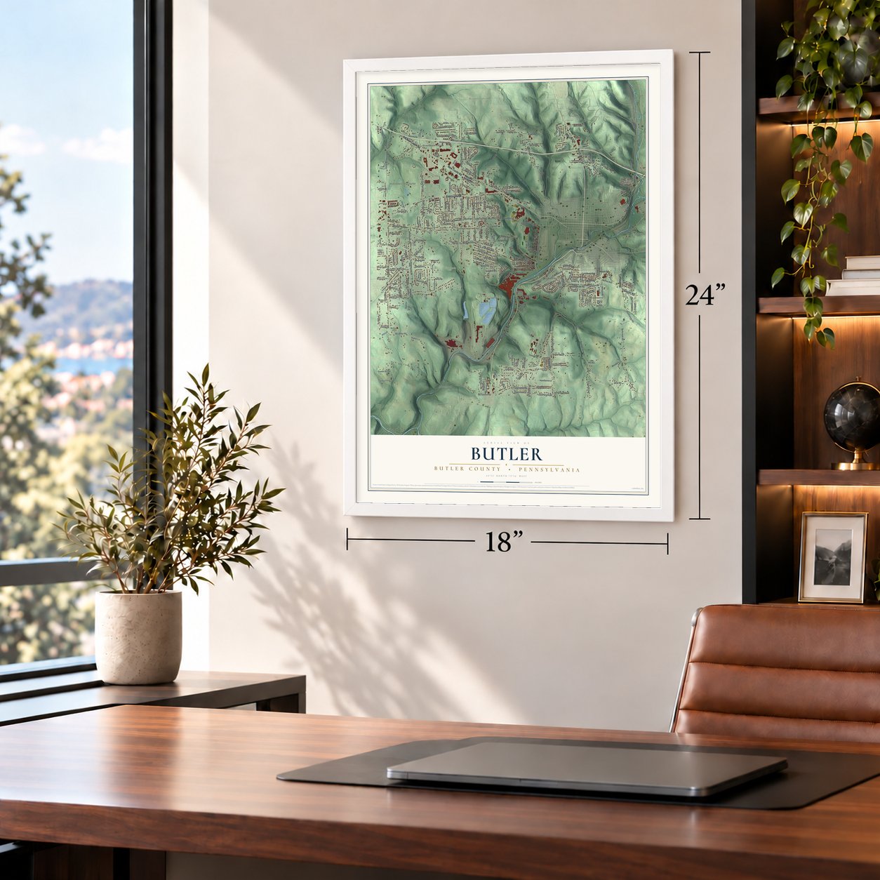 Butler, Butler County, Pennsylvania map, 18 x 24 inch print in a white frame in a home office