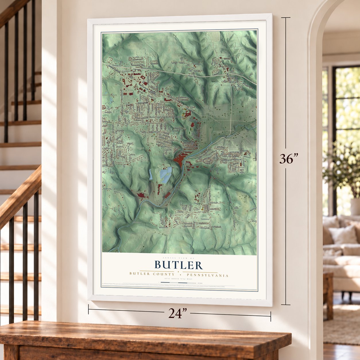 Butler, Butler County, Pennsylvania map, 24 x 36 inch print in a white frame by a staircase