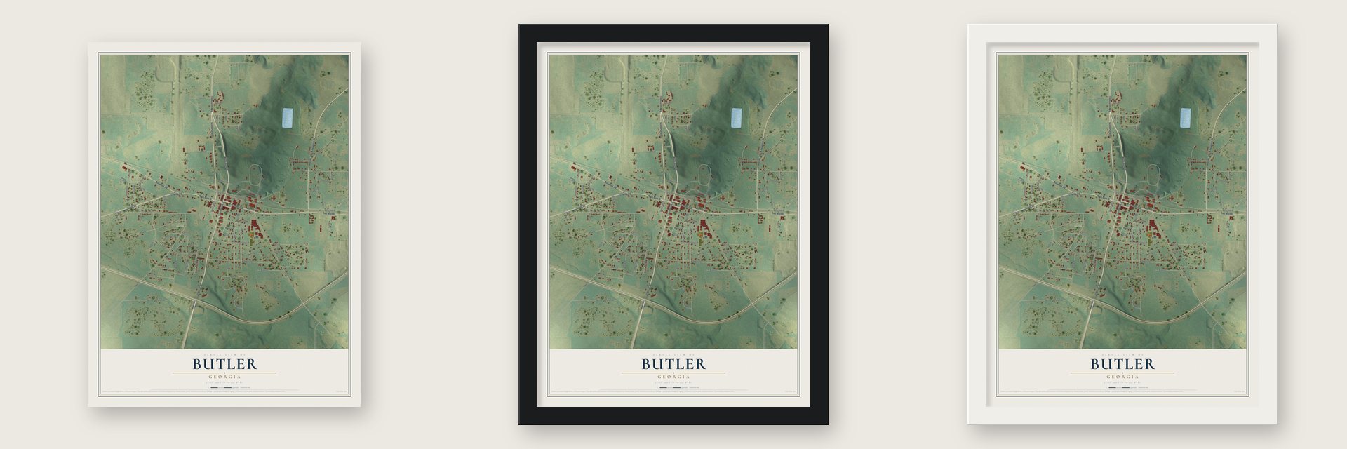 Butler, Georgia map unframed, in a black wood frame and in a white wood frame