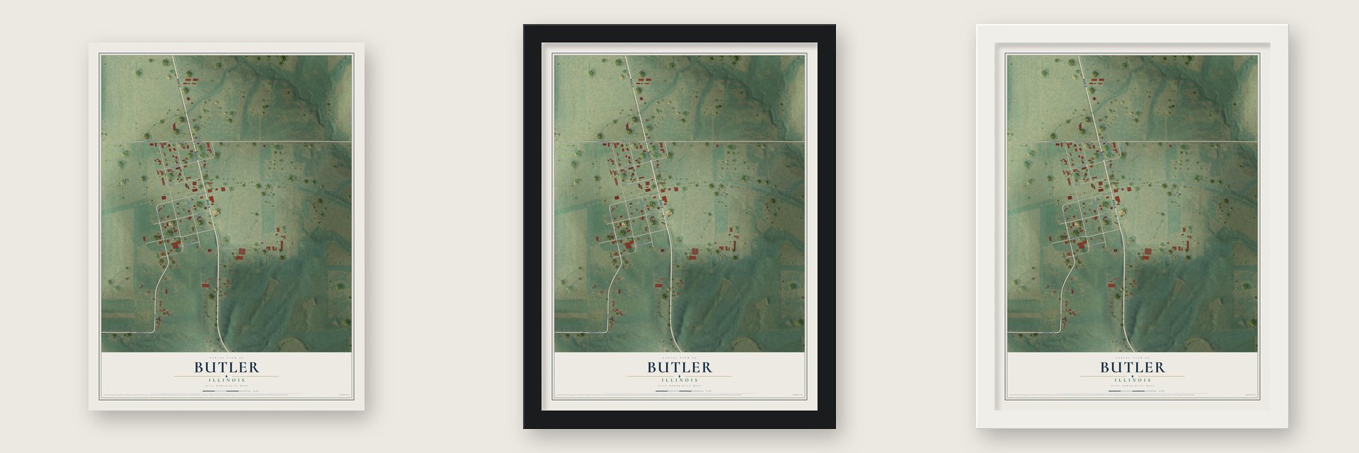 Butler, Illinois map unframed, in a black wood frame and in a white wood frame
