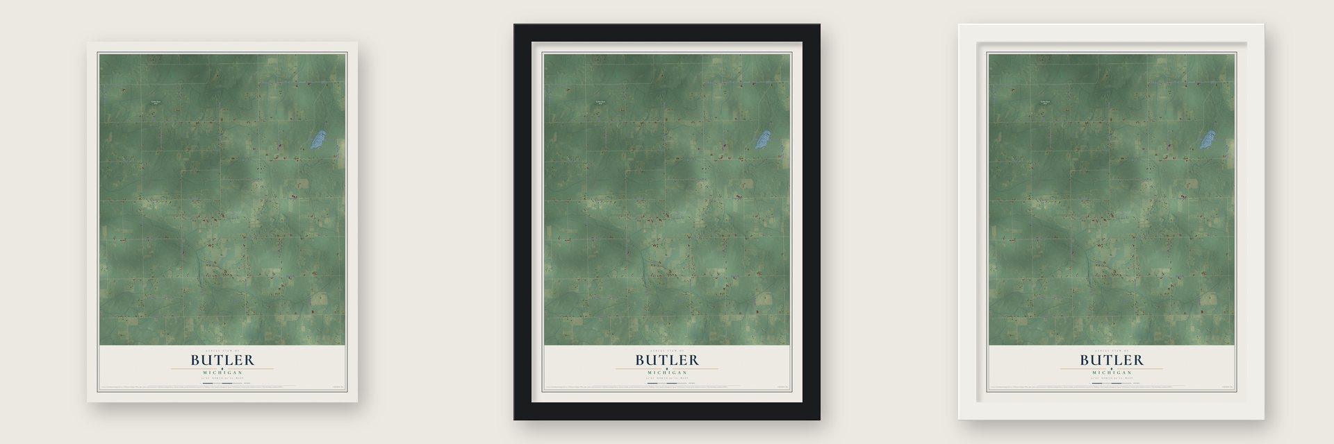 Butler, Michigan map unframed, in a black wood frame and in a white wood frame