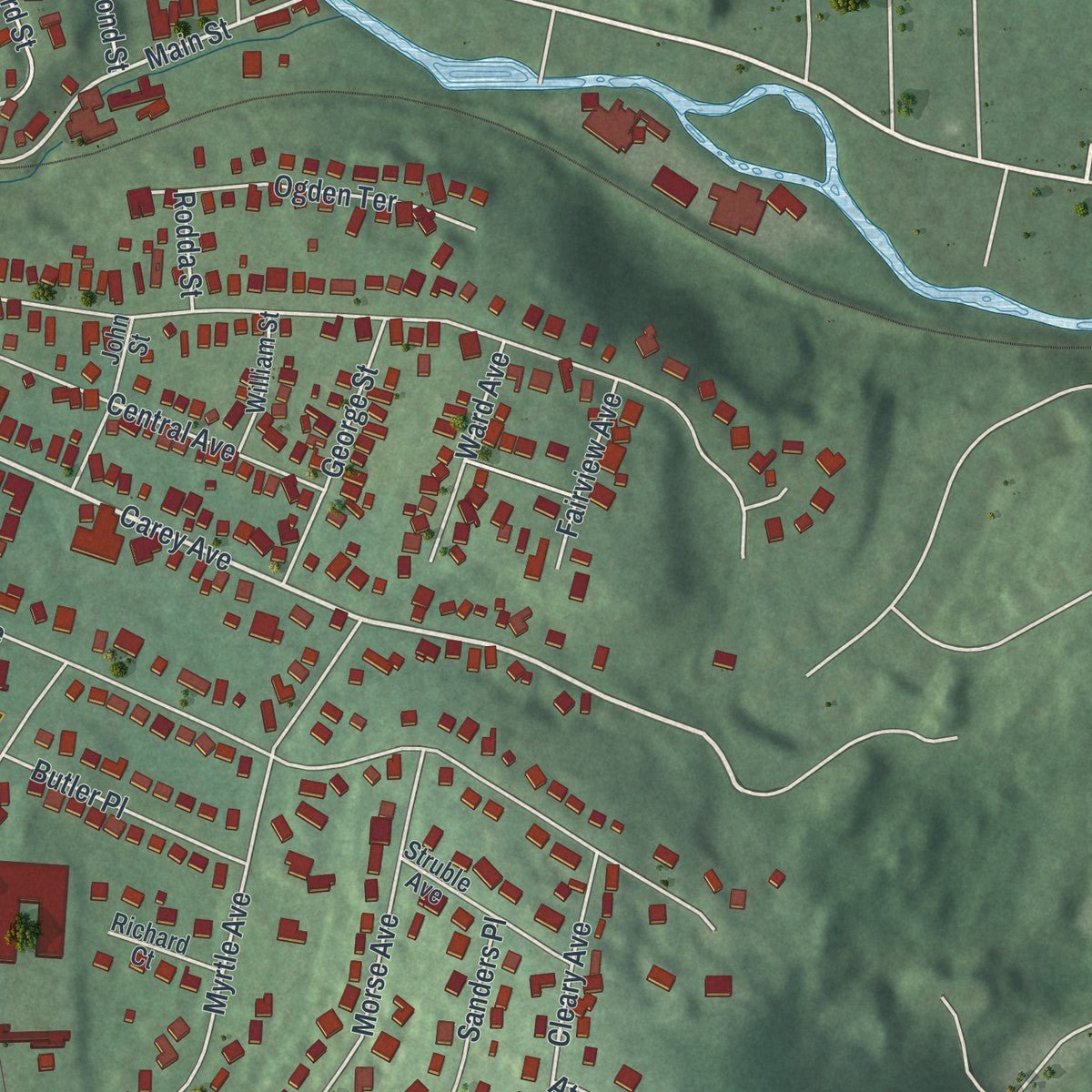 Second close-up of the map of Butler, New Jersey print showing more streets and buildings
