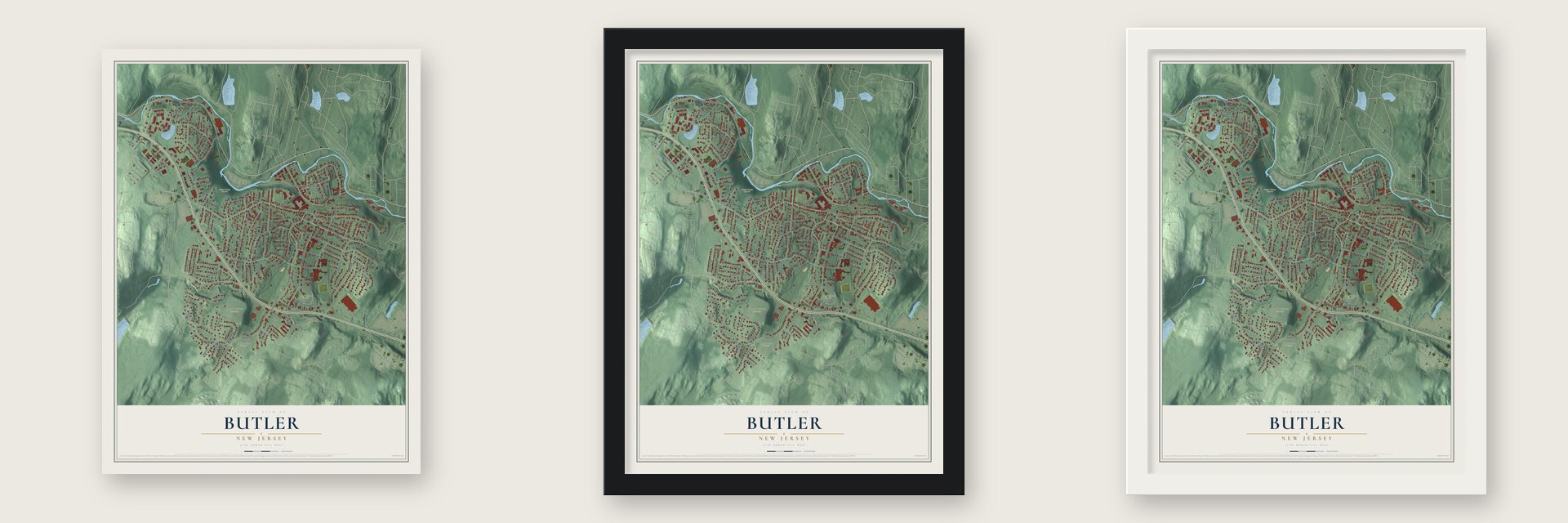 Butler, New Jersey map unframed, in a black wood frame and in a white wood frame