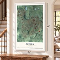Butler, New Jersey map, 24 x 36 inch print in a white frame by a staircase