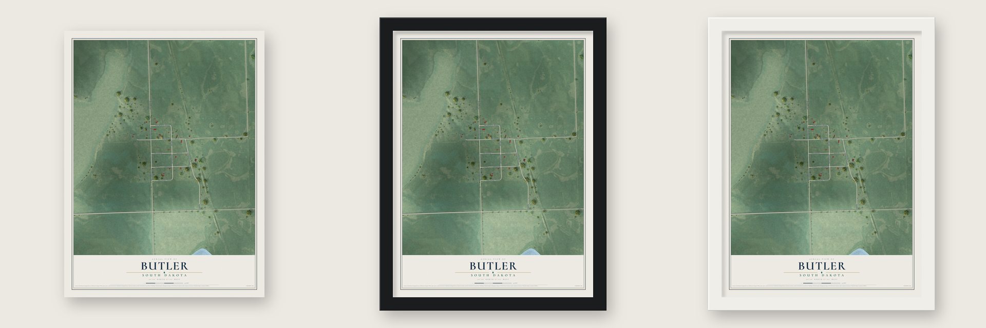 Butler, South Dakota map unframed, in a black wood frame and in a white wood frame