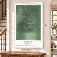 Butler, South Dakota map, 24 x 36 inch print in a white frame by a staircase