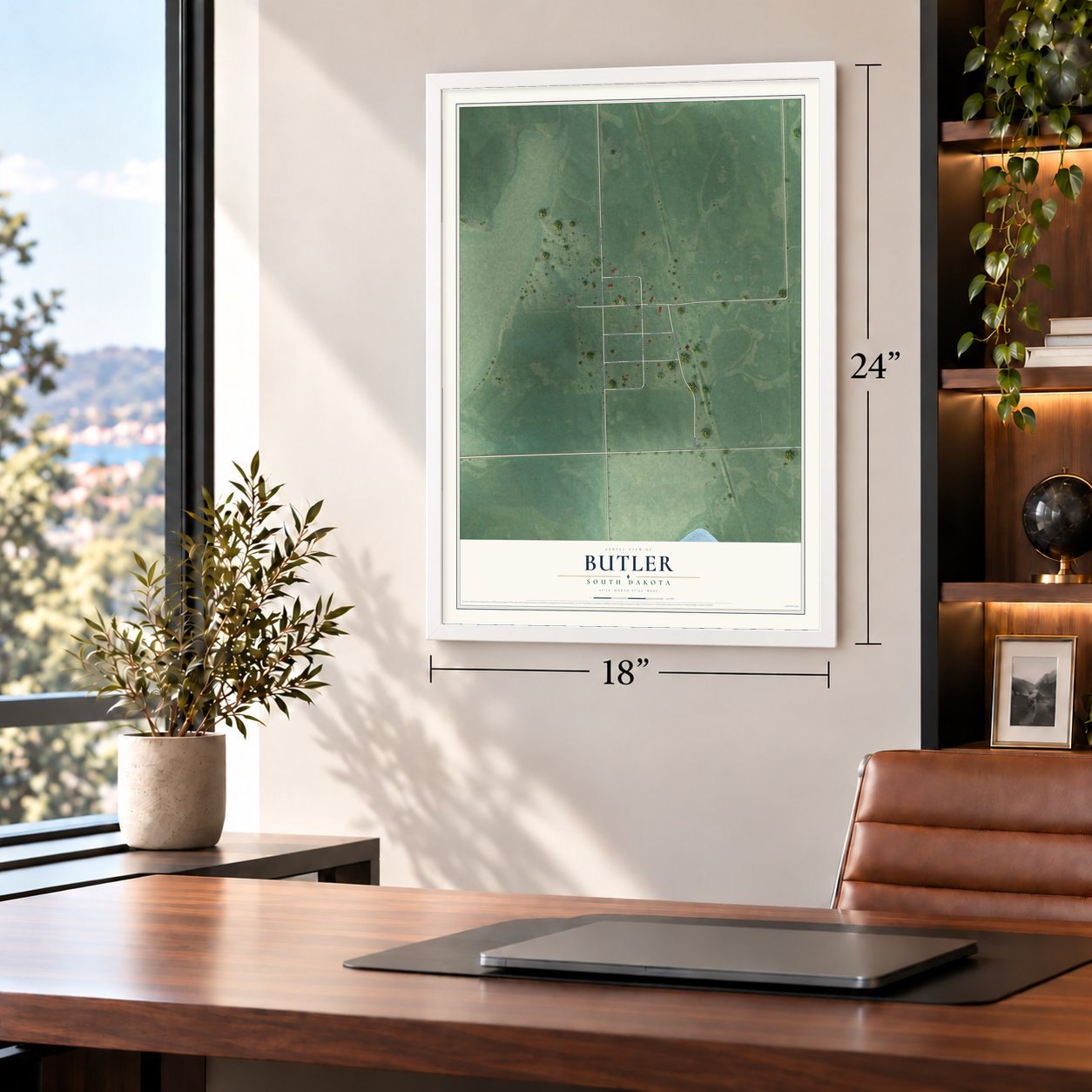 Butler, South Dakota map, 18 x 24 inch print in a white frame in a home office