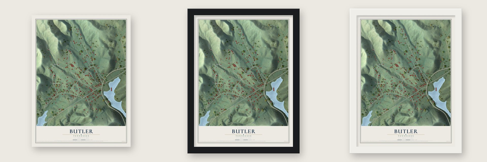 Butler, Tennessee map unframed, in a black wood frame and in a white wood frame