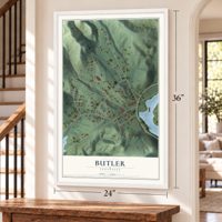 Butler, Tennessee map, 24 x 36 inch print in a white frame by a staircase