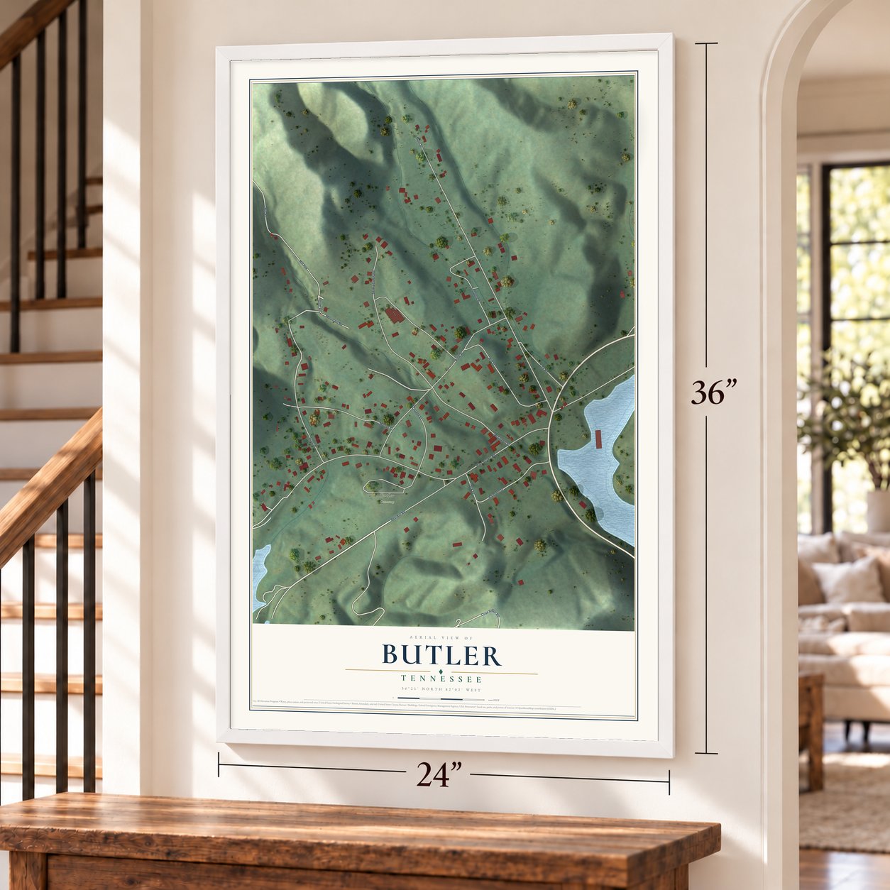 Butler, Tennessee map, 24 x 36 inch print in a white frame by a staircase