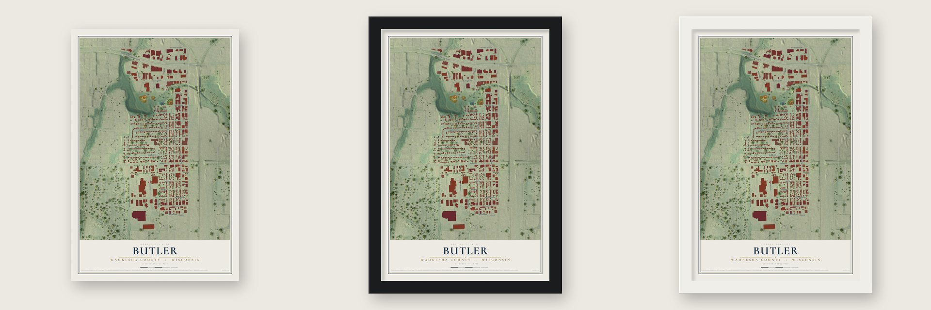 Butler, Waukesha County, Wisconsin map unframed, in a black wood frame and in a white wood frame