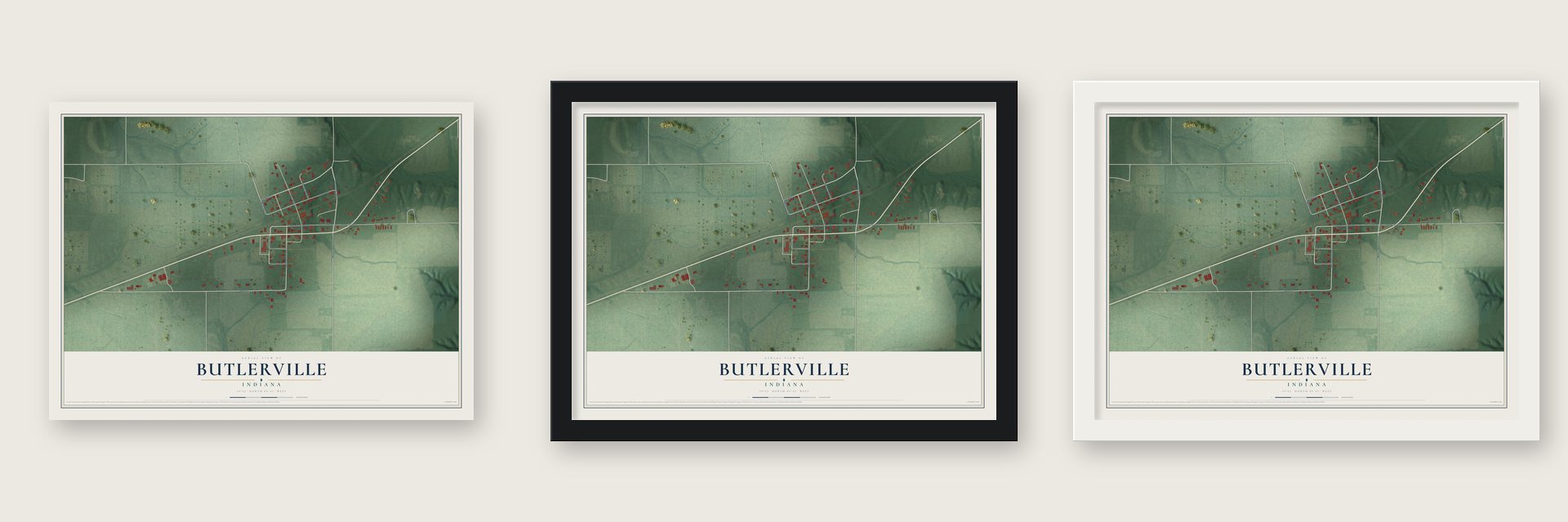 Butlerville, Indiana map unframed, in a black wood frame and in a white wood frame