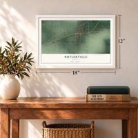 Butlerville, Indiana map, 12 x 18 inch print in a white frame in an entryway