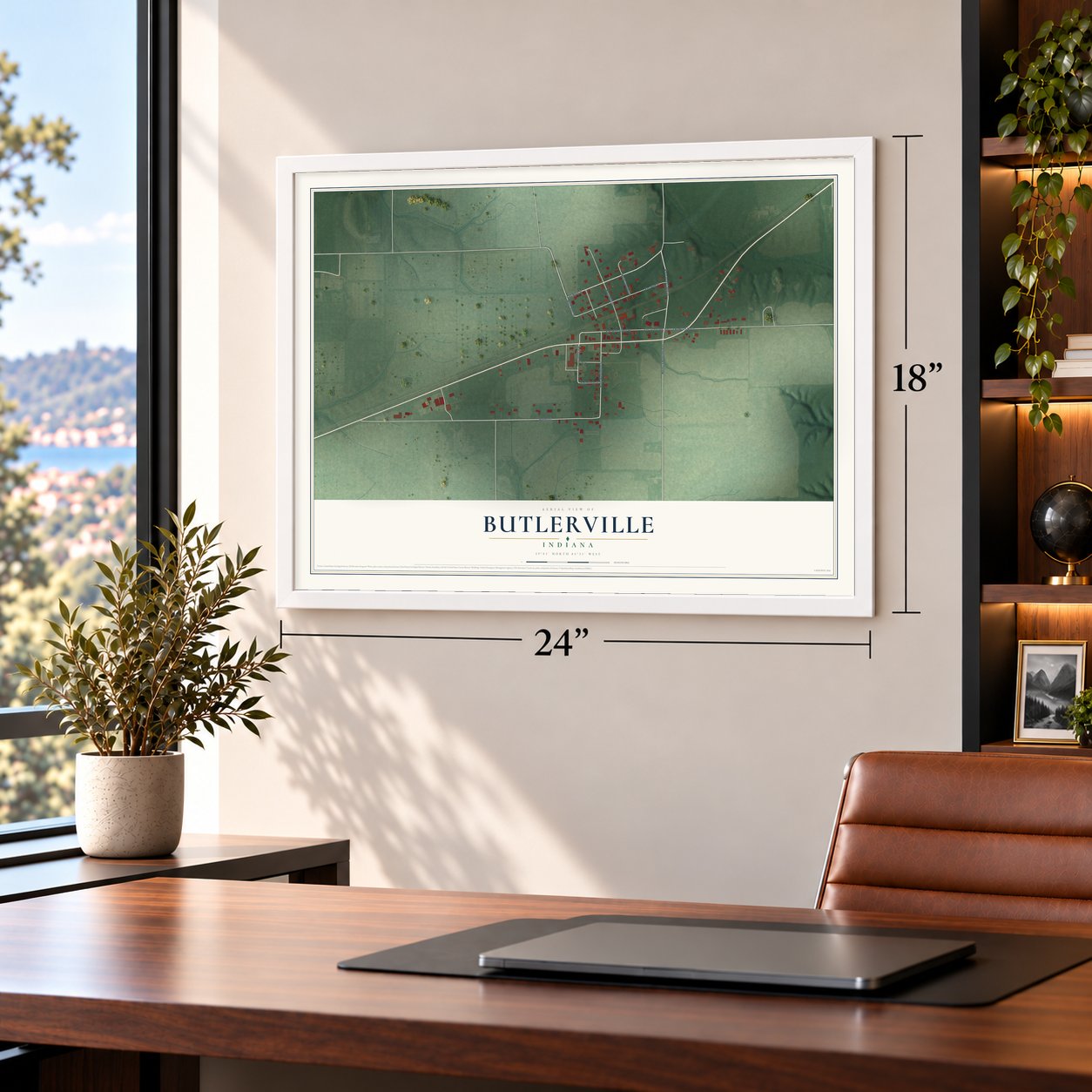 Butlerville, Indiana map, 18 x 24 inch print in a white frame in a home office