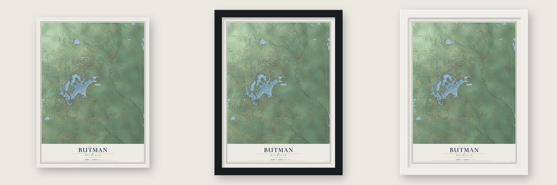 Butman, Michigan map unframed, in a black wood frame and in a white wood frame
