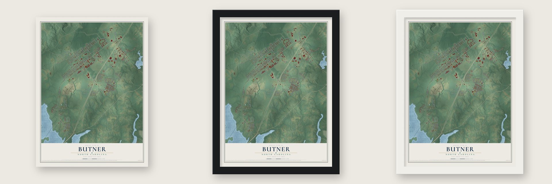 Butner, North Carolina map unframed, in a black wood frame and in a white wood frame