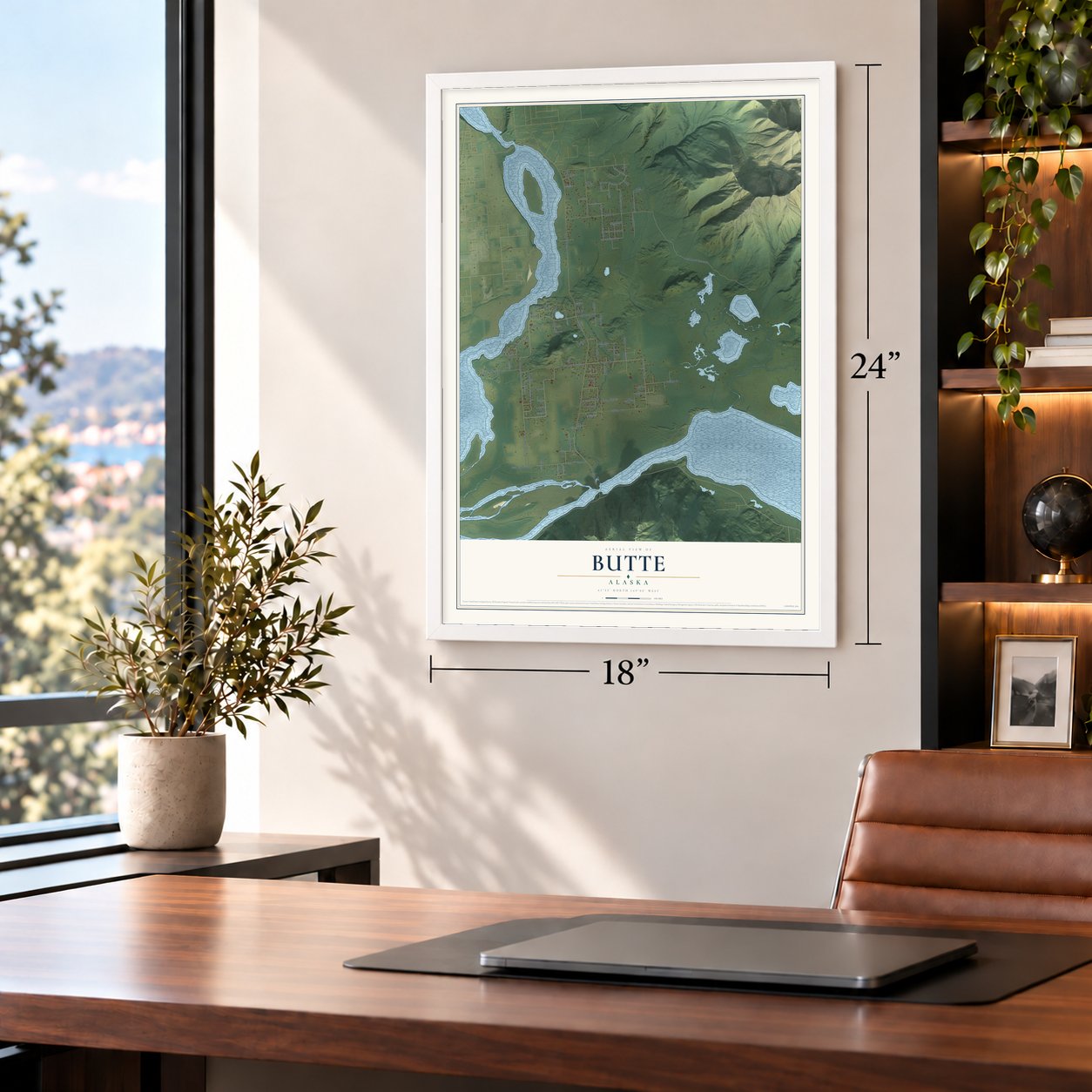 Butte, Alaska map, 18 x 24 inch print in a white frame in a home office