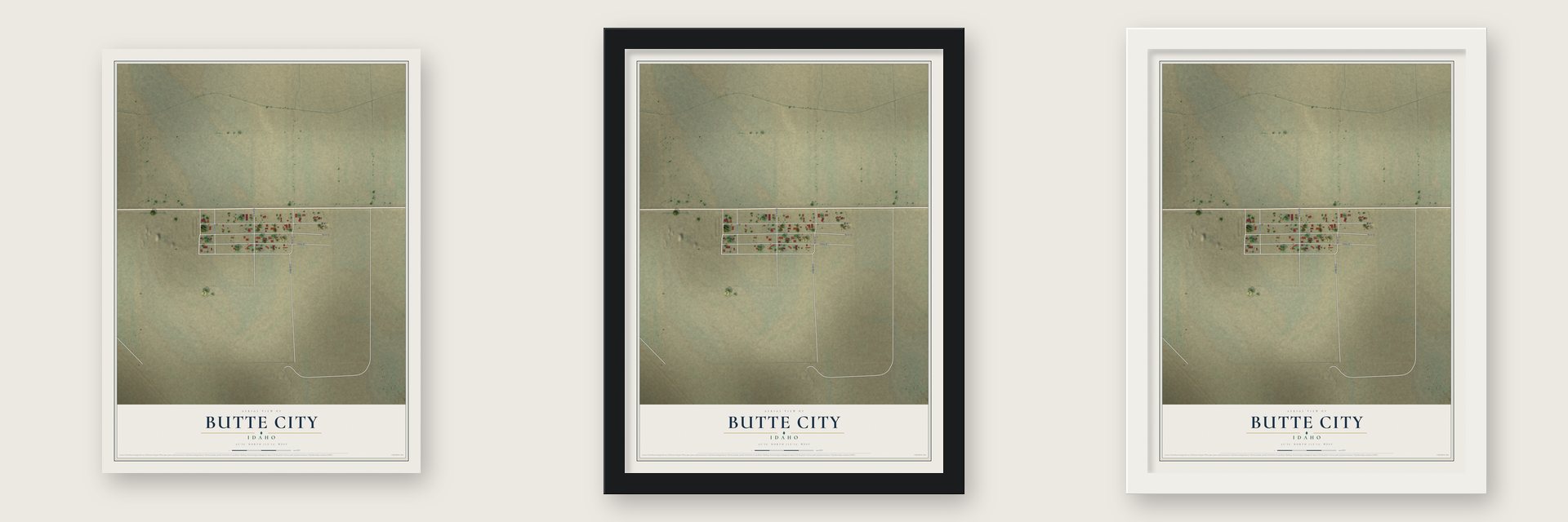 Butte City, Idaho map unframed, in a black wood frame and in a white wood frame
