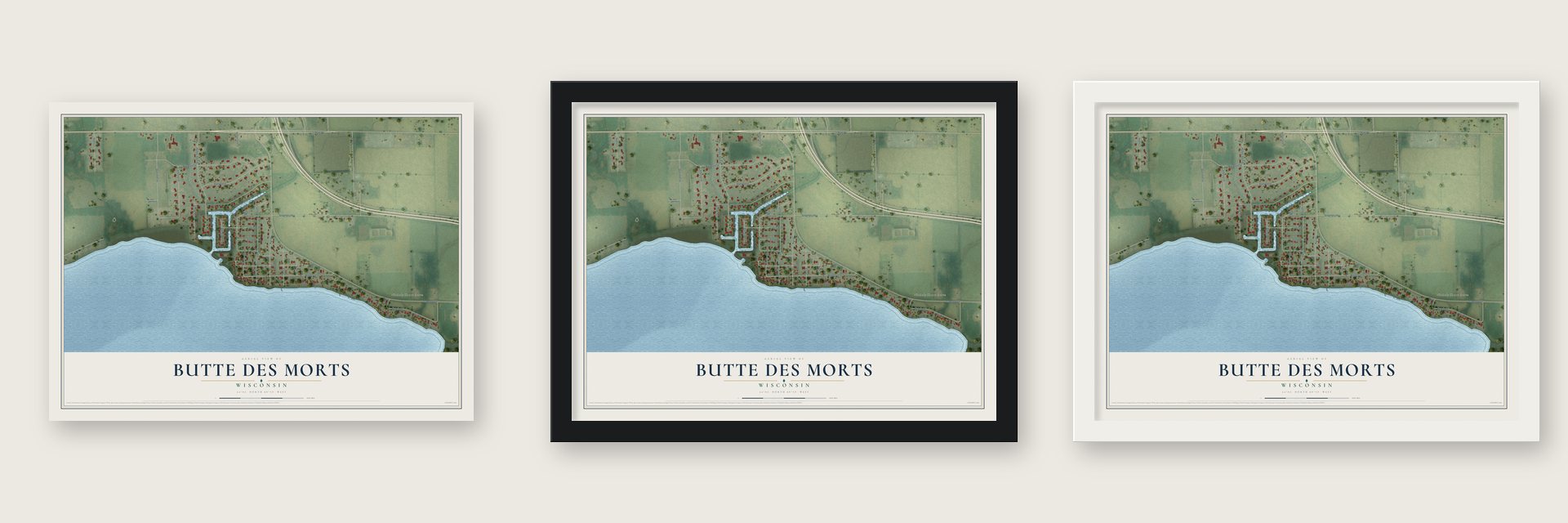 Butte des Morts, Wisconsin map unframed, in a black wood frame and in a white wood frame
