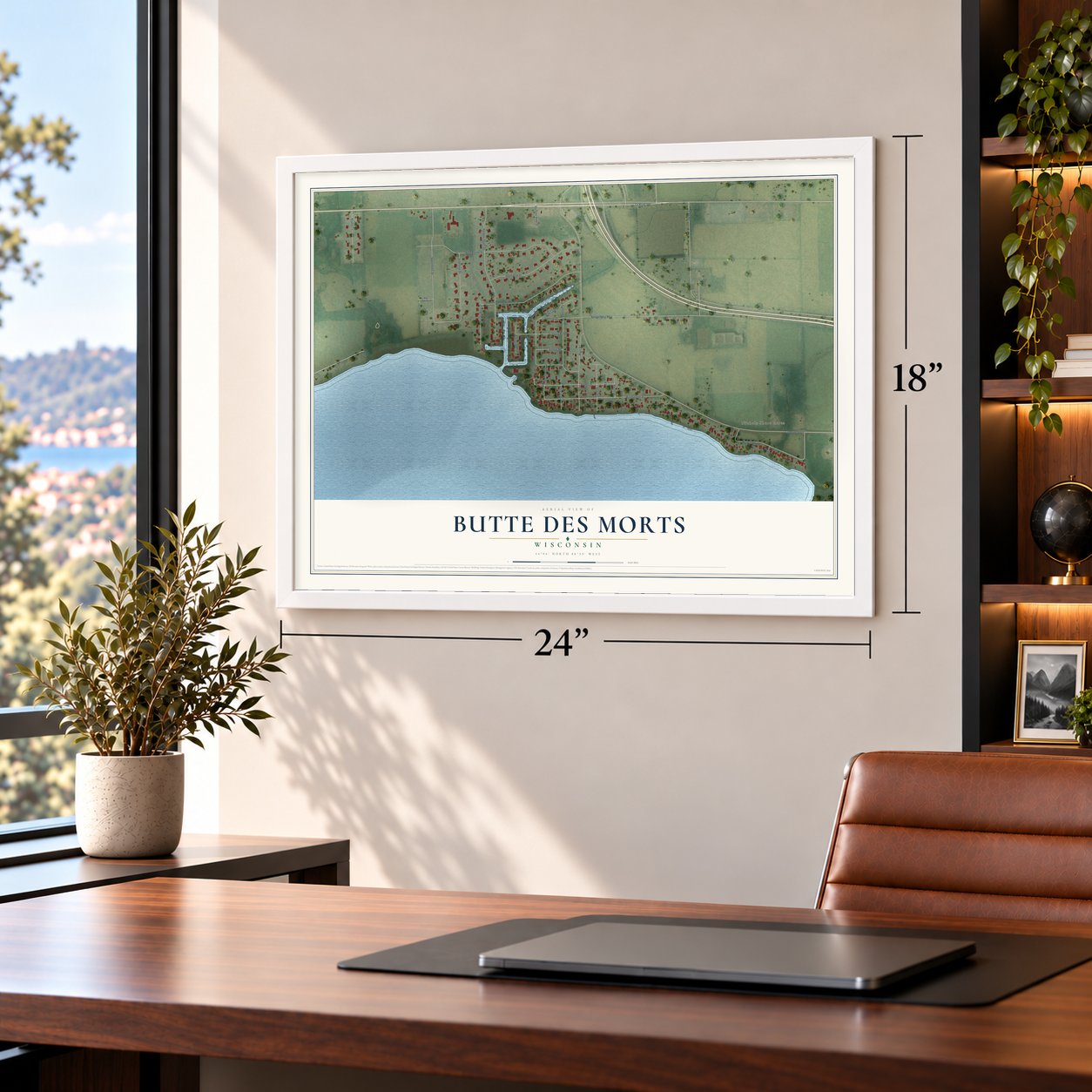 Butte des Morts, Wisconsin map, 18 x 24 inch print in a white frame in a home office