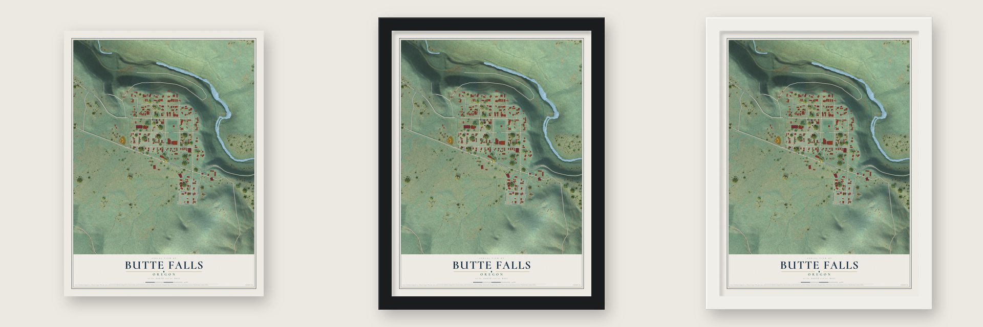Butte Falls, Oregon map unframed, in a black wood frame and in a white wood frame