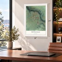 Butte Falls, Oregon map, 18 x 24 inch print in a white frame in a home office