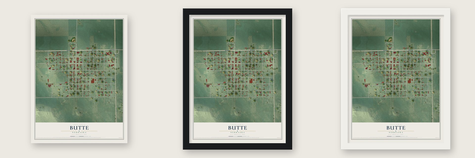 Butte, Nebraska map unframed, in a black wood frame and in a white wood frame