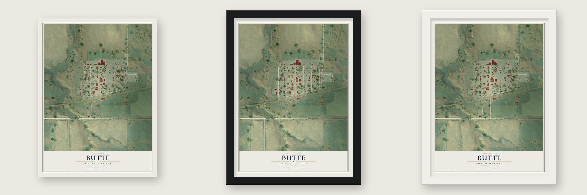 Butte, North Dakota map unframed, in a black wood frame and in a white wood frame