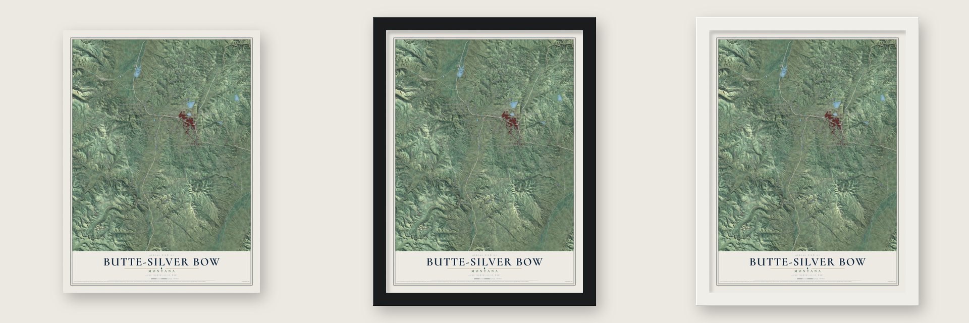 Butte-Silver Bow, Montana map unframed, in a black wood frame and in a white wood frame